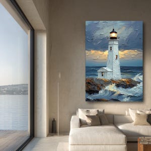 Coastal Lighthouse Canvas Wall Art, Ocean Waves Painting, Nautical Seascape Decor, Impasto Style, Home Wall Decoration image 6