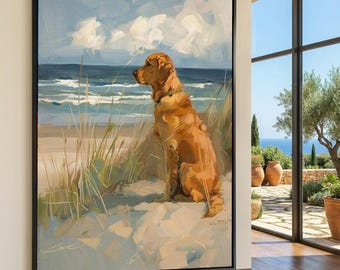 Tela com Golden Retriever em Cena de Praia, Arte de Parede com Cachorro Costeiro, Pintura de Paisagem Oceânica, Retrato de Animal em Tela, Obra de Arte para Decoração de Casa