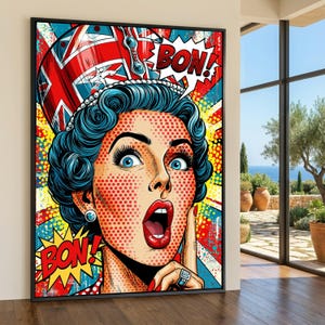 May include: Pop art style print of a woman with blue hair and eyes, wearing a Union Jack hat. The artwork features speech bubbles with the word "BON!" and a vibrant color palette of red, yellow, and blue. The woman has a surprised expression.