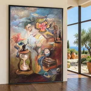 May include: A framed surrealist painting with a dreamlike quality. The artwork features a face, a butterfly with pink and orange accents, an hourglass, and a clock. The color palette includes blues, browns, and yellows, creating a sense of depth and fantasy.