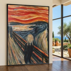 May include: Framed print of Edvard Munch's "The Scream" painting. The artwork shows a figure with an open mouth and hands on its face, set against a swirling orange and red sky. The painting is framed in black.