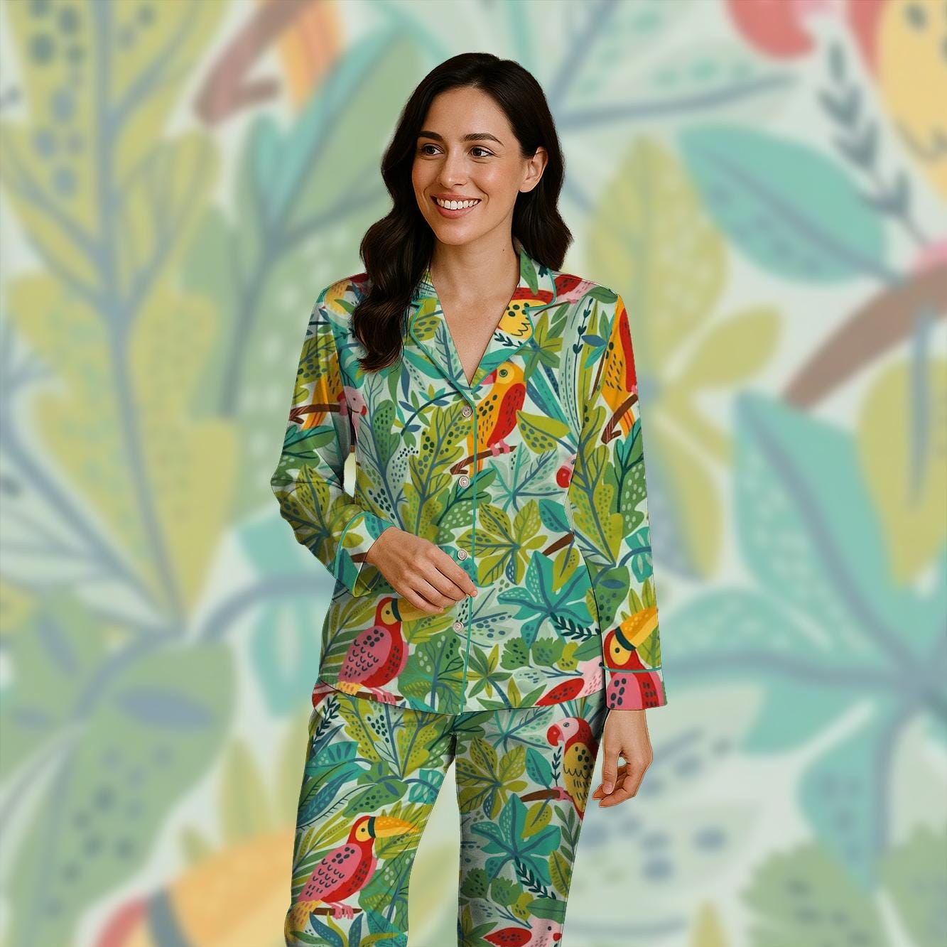 Tropical Toucan Jungle Pajamas, Exotic Jungle Leaf Sleepwear, Luxury ...
