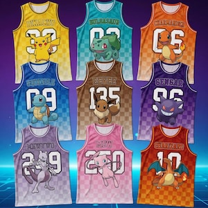 May include: A collection of nine sleeveless basketball jerseys featuring various Pokemon characters. Each jersey displays a unique colour, a character name, a large number, and a checkered pattern background. The characters include Pikachu, Bulbasaur, Charmander, Squirtle, Eevee, Gengar, Mewtwo, Mew, and Charizard.