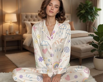 Conjunto de pijama Rainbow Doodle, pijama de cetim personalizado de manga curta, pijamas fofos combinando para madrinhas, presente para festa de casamento