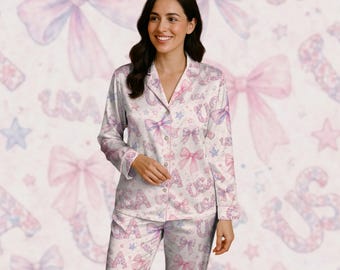 Pijama rosa patriótico con lazos de la marca USA, ropa de dormir suave estilo femenino con temática americana, pijama rosa patriótico para chicas, ropa de dormir dulce para el Día de la Independencia.