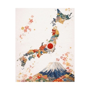 May include: A watercolor illustration of Japan, featuring a map outline filled with colorful patterns and a red circle representing the flag. Mount Fuji is depicted at the bottom, with cherry blossoms scattered around.