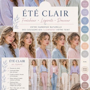 Peut inclure: Un guide de palette de couleurs intitulé ÉTÉ CLAIR présentant un collage d'une personne aux cheveux blonds portant divers vêtements aux tons pastel, dont lavande, bleu clair et rose, avec des échantillons de teintes et du maquillage.