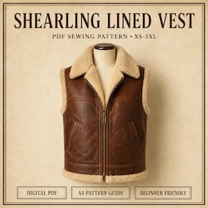 May include: A brown vest with a cream-colored shearling lining, a fold-over collar, and a front zipper closure. The text reads: SHEARLING LINED VEST, PDF SEWING PATTERN, XS-5XL, DIGITAL PDF, A4 PATTERN GUIDE, BEGINNER FRIENDLY.
