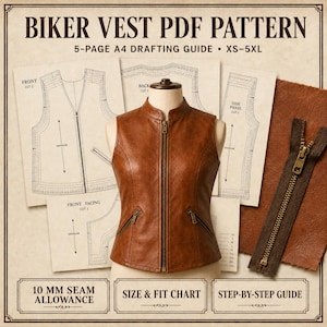 May include: A brown leather biker vest displayed on a mannequin, accompanied by paper sewing patterns labeled BIKER VEST PDF PATTERN, 5-PAGE A4 DRAFTING GUIDE, XS-5XL, 10 MM SEAM ALLOWANCE, SIZE & FIT CHART, and STEP-BY-STEP GUIDE with a zipper.