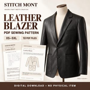 Puede incluir: Un blazer de cuero negro sobre un maniquí, acompañado de dos páginas impresas de un patrón de costura en PDF etiquetado STITCH MONT. El blazer presenta un cuello con muescas, dos botones frontales y dos bolsillos de parche. El texto incluye LEATHER BLAZER.