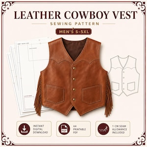 May include: A brown leather vest with fringe on the sides, four front buttons, and two pockets. The image includes the text LEATHER COWBOY VEST SEWING PATTERN, MEN'S S-5XL, INSTANT DIGITAL DOWNLOAD, A4 PRINTABLE PDF, and 1 CM SEAM ALLOWANCE INCLUDED.