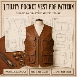 Guide till ritningsguide för läderväst med ficka - Mall för arbetsväst i cargo - Unisex väst i XS-5XL - Digital nedladdning