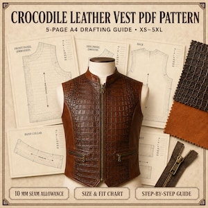 Puede incluir: Un chaleco marrón con textura de relieve de cocodrilo, cremallera frontal y dos bolsillos con cremallera. El chaleco se muestra con patrones de costura de papel etiquetados como Crocodile Leather Vest PDF Pattern y 10 mm seam allowance.