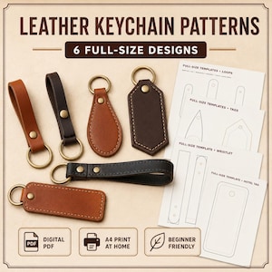 May include: Leather keychain patterns featuring 6 full-size designs. Includes physical leather keychains in tan, brown, and black with brass-toned hardware, alongside printed paper templates for loops, tags, wristlets, and hotel tags for crafting.