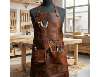 Verontruste lederen houtbewerkingsschort - zware timmermankiel met gereedschapszakken - vintage look doe-het-zelfcadeau voor papa - gepersonaliseerde barbecueschort