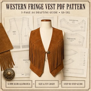 Può includere: Un gilet in camoscio marrone con lunghe frange e una chiusura con un singolo bottone metallico decorato. Il gilet è esposto su un manichino davanti a fogli di cartamodello stampati con l'etichetta Western Fringe Vest PDF Pattern.