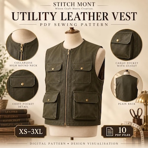 May include: A dark olive green utility leather vest PDF sewing pattern featuring a collarless high round neck, a front zipper closure, and four front cargo pockets with gussets and snap buttons. The back is plain. Includes sizes XS-3XL.