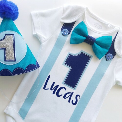 Baby Boys First Birthday Outfit Blues Theme Bow Tie & Party Etsy