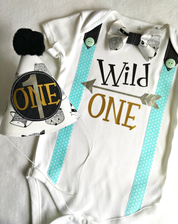 Wild One Tribal Theme 1st Birthday Boy Bow Tie Bodysuit with Party Hat.