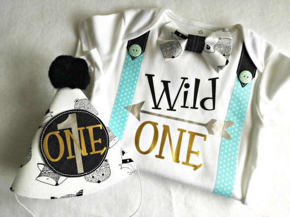 Wild One Tribal Theme 1st Birthday Boy Bow Tie Bodysuit with Party Hat.