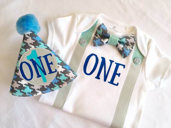 Wild One Tribal Theme 1st Birthday Boy Bow Tie Bodysuit with Party Hat.