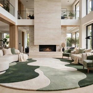 Luxury Green Ivory  Organic Wave Area Rug – Soft Thick Irregular carpet for Home Decor