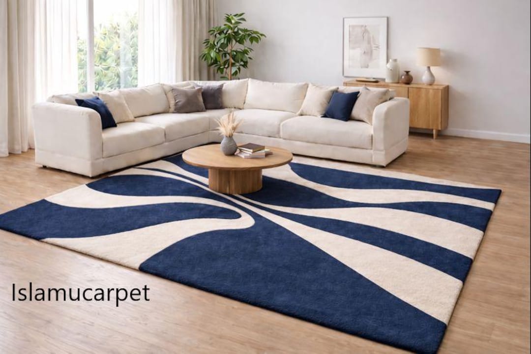 8x10 Hand Tufted Wool Rug Blue and Cream Abstract Area Rug Luxury Home ...