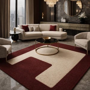 Hand-Tufted Wool Area Rug, Red Cream Geometric Mid-Century Modern Carpet