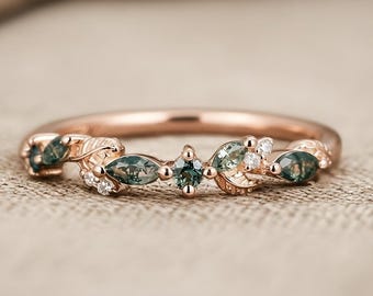 Moosachat Blatt Ring, Rose Gold Natur Band, CZ Akzent