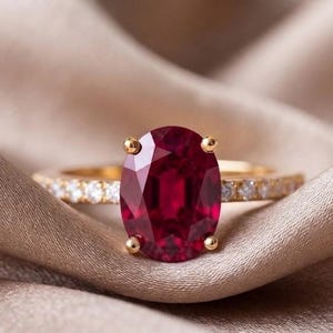 May include: A gold ring featuring a large, oval-cut deep red gemstone held by four prongs. The band is accented with a row of small, clear, round-cut stones along the sides, providing a bright contrast to the central red stone and gold metal.