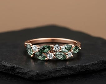 Marquise Cut Natural Moss Agate Wedding Band, Cluster Wedding Band Bridal Moissanite Ring, Vintage Half Eternity Jewelry Band Gift For Love
