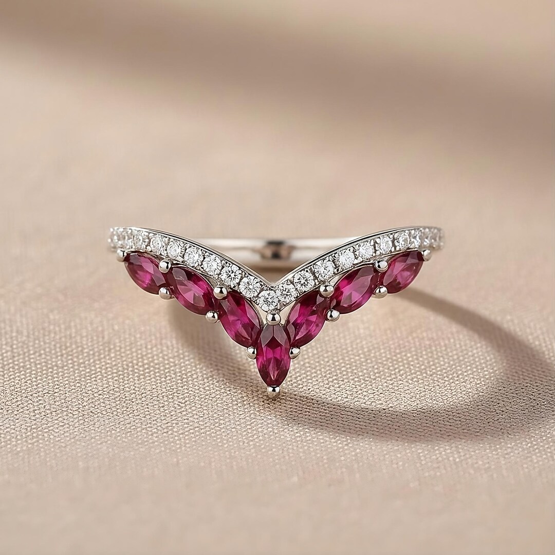 14k Solid Gold Ruby Ring Dainty Stacking Ring Marquise Cut Ruby Band ...