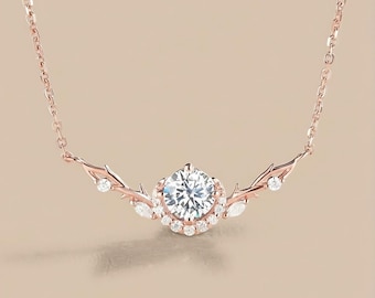 Vintage Moissanite Leaf Necklace, Yellow Gold Sterling Silver Wedding Jewelry