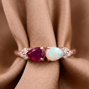 Vintage Ruby Opal Engagement Ring, Pear Cut Gemstone Wedding Ring 3 Stone Unique Women Bridal Promise Ring, Diamond Gift Ring For Her
