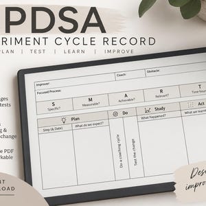 May include: A digital tablet displaying a PDSA Experiment Cycle Record template with sections for Plan, Test, Learn, and Improve. The form includes fields for SMART goals, coaching, and obstacles. A stylus is attached to the side of the black tablet.