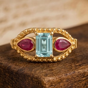 Anel com pedras preciosas de calcedônia azul-turquesa e rubi rosa: joia em prata de lei 925 com cristais, um presente perfeito para ela.