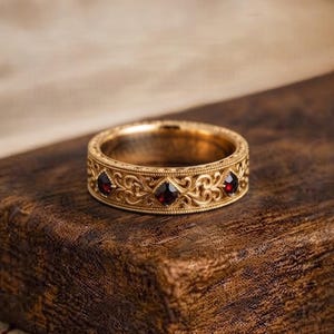 May include: A gold band ring featuring an intricate scrollwork pattern and a series of small, square-cut dark red gemstones embedded along the outer surface. The ring has a beaded edge detail and a polished finish throughout the metal surface.