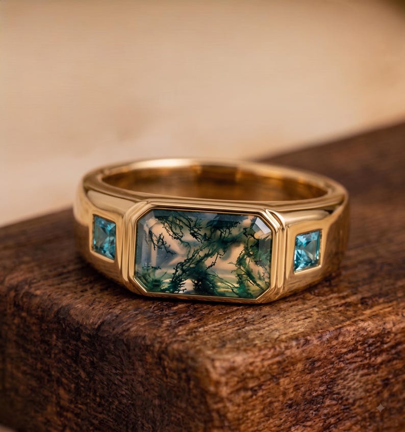 Topaz Gem Inclusions Men's Moss Agate & Blue Topaz Ring, 925 Sterling Silver Statement Ring ...