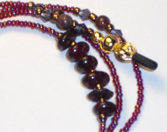 Beaded Burgundy Eyeglass Chain Holder Garnet Accents Glass Seed Beads 28 inches Fancy Ends