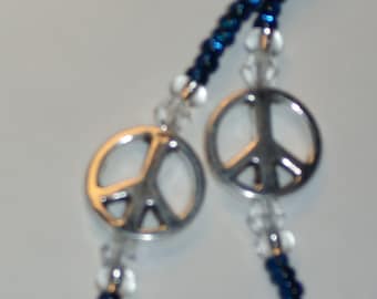 Beaded "PEACE" Eyeglass Chain  Blue and White Support Israel 28 inches