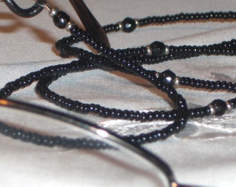 Eyeglass Chain Black Onyx and Glass  Seed Beaded with 4mm Faceted Onyx Accents 28" Handmade in USA Light Strong