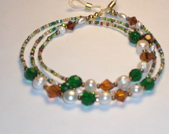 Beaded Eyeglass Chain Amber and Emerald Green with Chinese Freshwater Pearls 28 inches