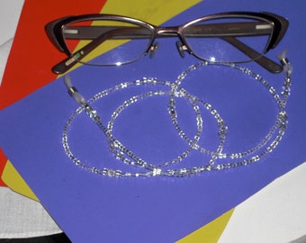 Eyeglass Chain White on White Glass Seed Beaded with Swarovski Crystal Accents 28" Handmade in USA Light Strong
