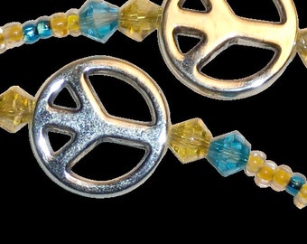 Beaded "PEACE" Eyeglass Chain Aqua Blue and Yellow Support Ukraine 28 inches