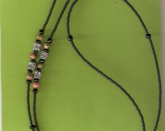 Macho Man Eyeglass Chain Matte Black  Seed Beads with Jasper and Silver  Accents 30" Handmade in USA Light Strong