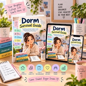May include: A Dorm Survival Guide book, tablet, and smartphone displaying the same cover art of a person resting their chin on their hands. The scene includes a spiral notebook with a checklist, a mug labelled Fueling A Brighter Me, and stacked books.