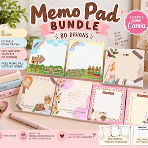 May include: A digital memo pad bundle featuring 80 designs with various illustrations including rainbows, flowers, coffee, and cats. The set includes editable templates for Canva, printable notepad layouts, and a cutting guide for personal organization.