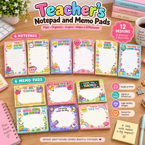 May include: A collection of 12 colorful paper notepads and memo pads featuring various illustrations and text including Teacher's Notepad and Memo Pads, Teach Inspire Repeat, Today Counts, Big Ideas Start Here, Teach With Heart, Make Today Count, and You Make Learning Bloom.