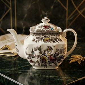 Pode incluir: Uma chaleira de cerâmica branca com tampa, bico e alça. A chaleira é decorada com padrões florais e de pássaros coloridos. O fundo é uma superfície de mármore verde escuro.