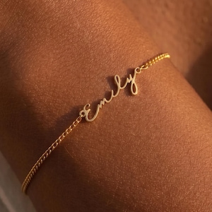 May include: A delicate gold bracelet with the name "Emily" in cursive script. The bracelet features a fine chain and is displayed on a person's arm, showcasing the jewelry's elegant design.